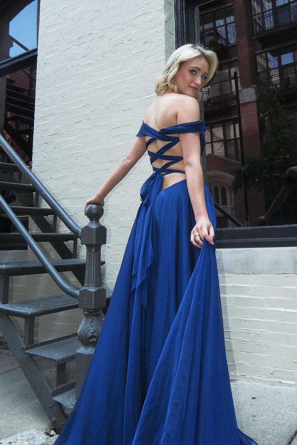 Formal Wear Dresses/Off the Shoulder Navy Blue Chiffon A-line Long Formal Prom Dress